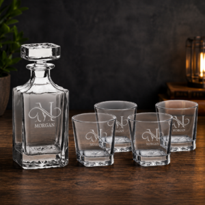 Personalized engraved crystal whiskey decanter and glasses gift set