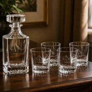 Personalized engraved crystal whiskey decanter and glasses gift set