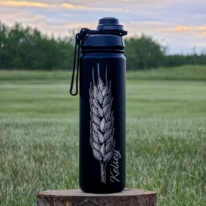 Personalized Robson water bottle with laser engraved wheat sheaf design and custom name, prairie-inspired stainless steel insulated bottle.