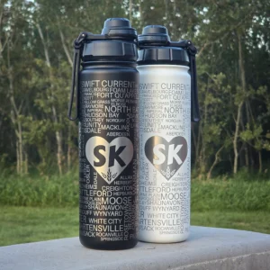 Saskatchewan Hometown Water Bottle engraved with 167 Saskatchewan cities and towns