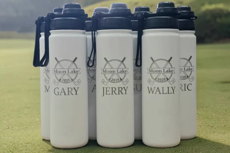 Water bottle engraving Saskatoon: white insulated bottles laser engraved with a golf tournament logo and player names