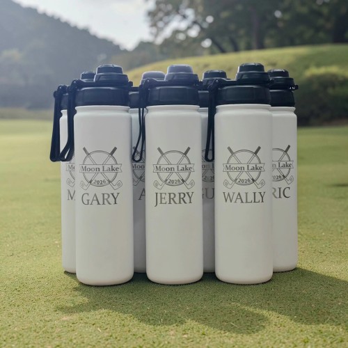 bulk custom engraved white water bottles with logo and names, promotional bottles for events and teams