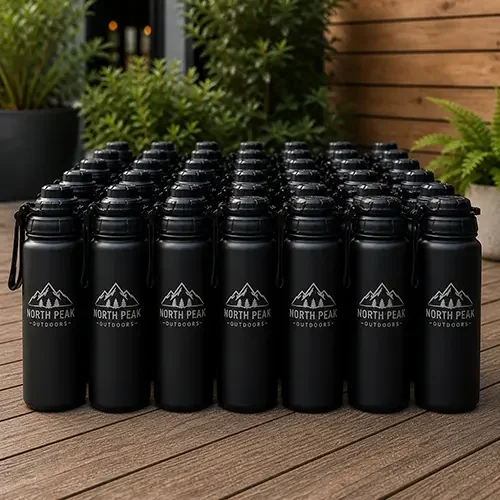 large quantity custom logo water bottles lined up, consistent branded bottles for organizational use