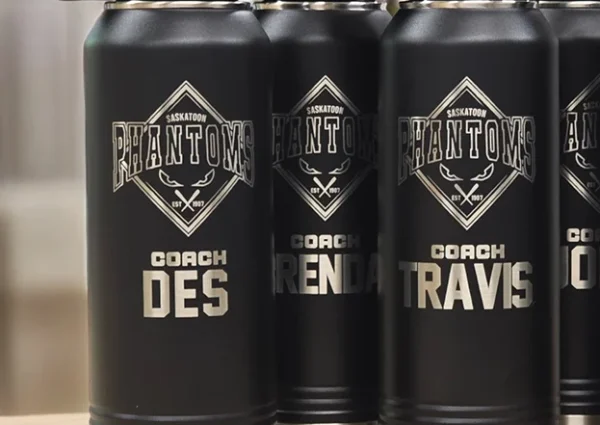 Black drinking bottles with silver engraved pattern in Saskatoon