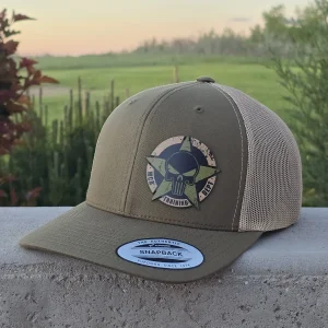 Premium trucker hat featuring a custom UV printed leatherette patch with vibrant full-colour graphics and a durable, high-end finish.